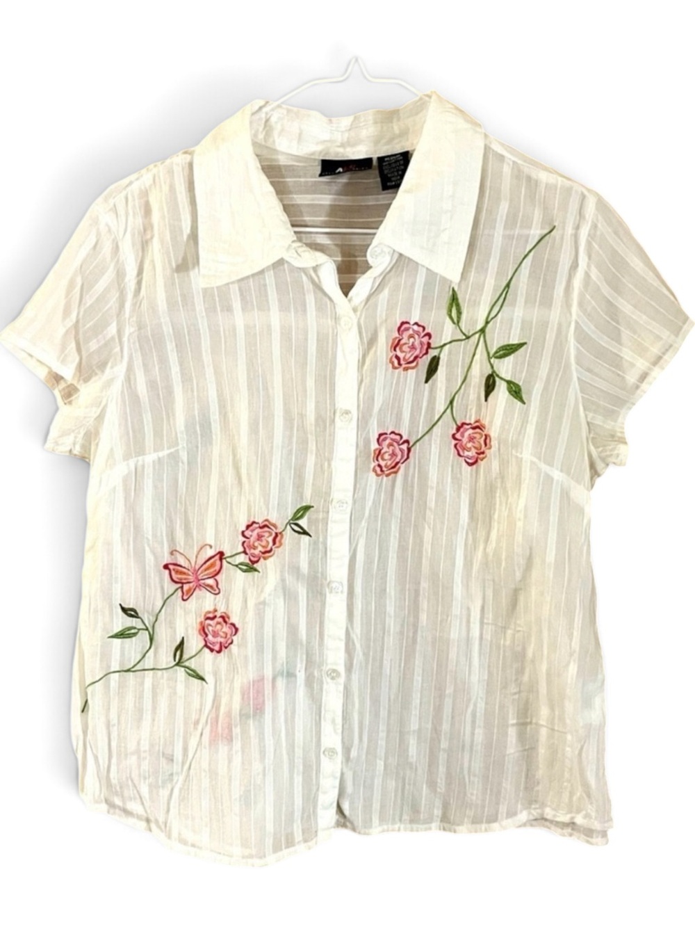 White Floral/ Butterfly Embroidered Sheer 100% Cotton Button Top